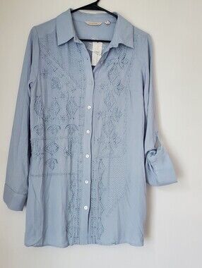 Soft Surroundings Roll Tab Sleeve Tunic Shirt XS Embroidered Beaded Lagenlook